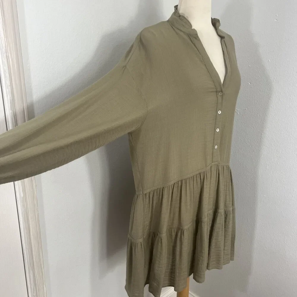 Zara Mini Dress Womens Small Olive Ruffle‎ V Neck Tiered Vacation